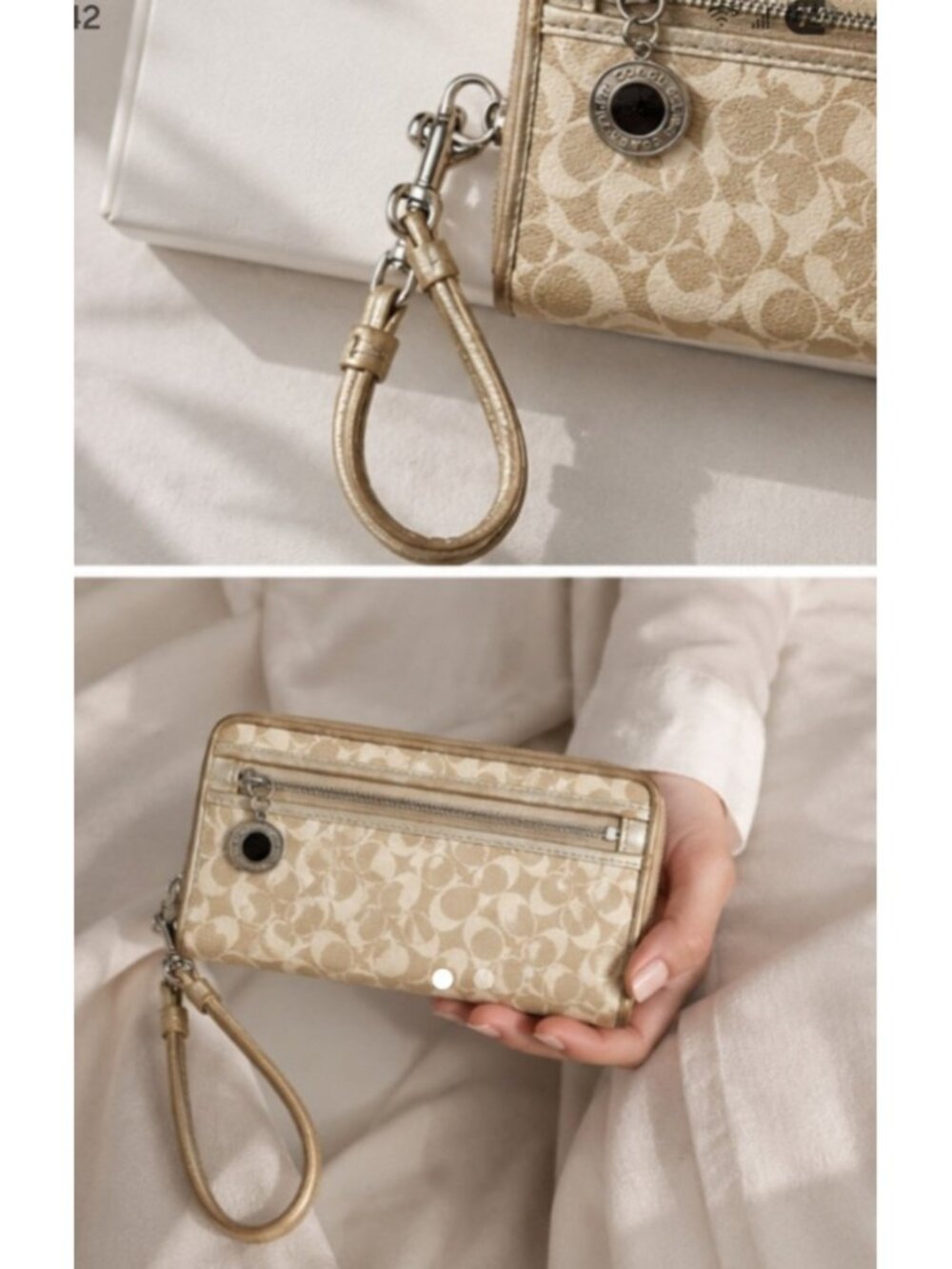 Vintage Coach Signature Zip Around Wristlet Wallet Beige Gold Monogram Clutch